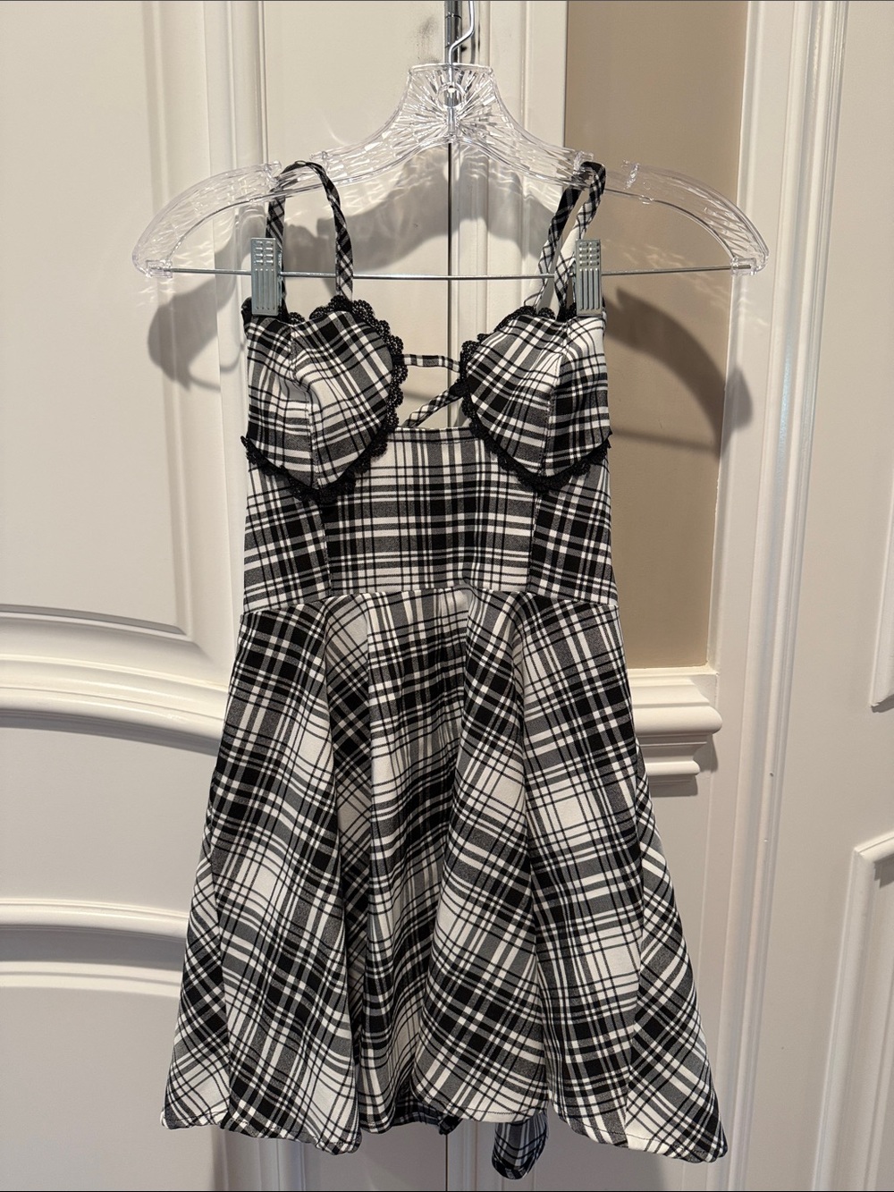 Women,s Black & White Plaid A-Line Dress with Strappy Bodice